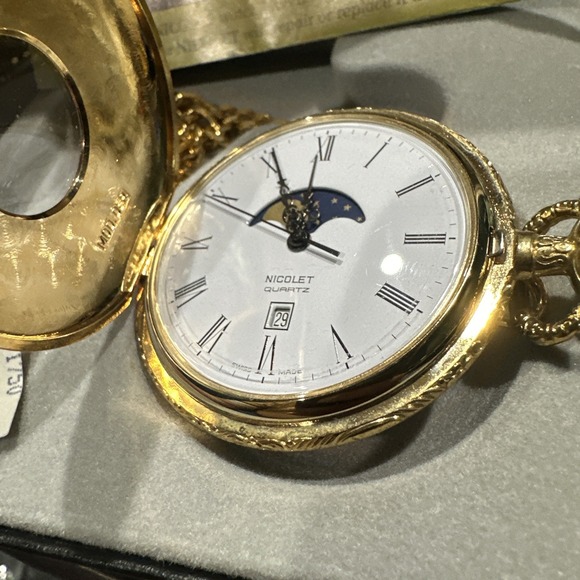 Working New Vintage Nicolet Moonphase Pocket watch Swiss Quartz in box Rare Gift - Picture 4 of 14